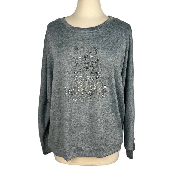 ONE WORLD | Gray/Blue Rhinestone Polar Bear Comfy Sweatshirt | Women's Large - Picture 1 of 9